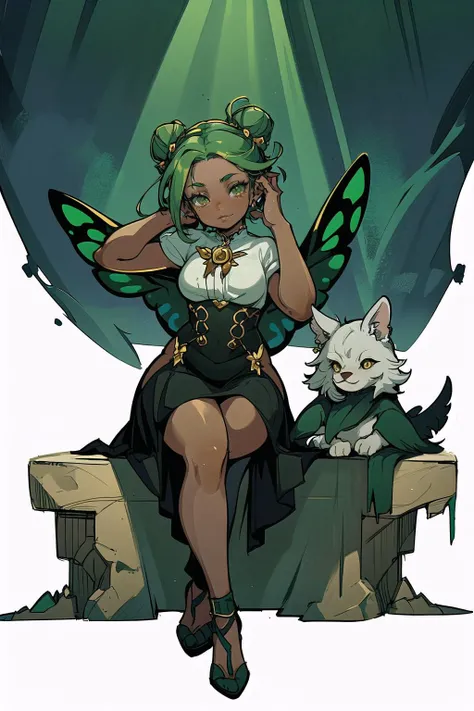 cute, (masterpiece, best_quality, ultra-detailed, immaculate:1.3), epic, illustration, 1girl, (sophisticated Miscellaneous Academia:1.3) succubus, wings, full body, [:wild costume design,:0.2], official art, (african, dark skin:0.6), creepy sea green lighting from below, in the vast Shire, bombshell hair, goldenrod hair, hair bun,Cascading Layers, butterfly sitting<lyco:EnvyCuteMix12:1>