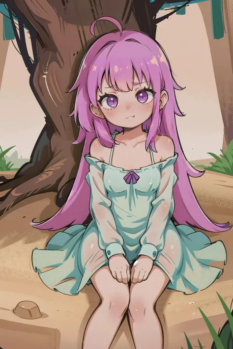 chibi,cute, (masterpiece, best_quality, ultra-detailed, immaculate:1.3), epic, illustration, 1girl, pink skin, Eastern Hemlock tree pixie, see-through gossamer, pout, in a ragged, calm cave, bombshell hair, purple hair, antenna hair, sitting<lyco:EnvyCuteMix12:1>