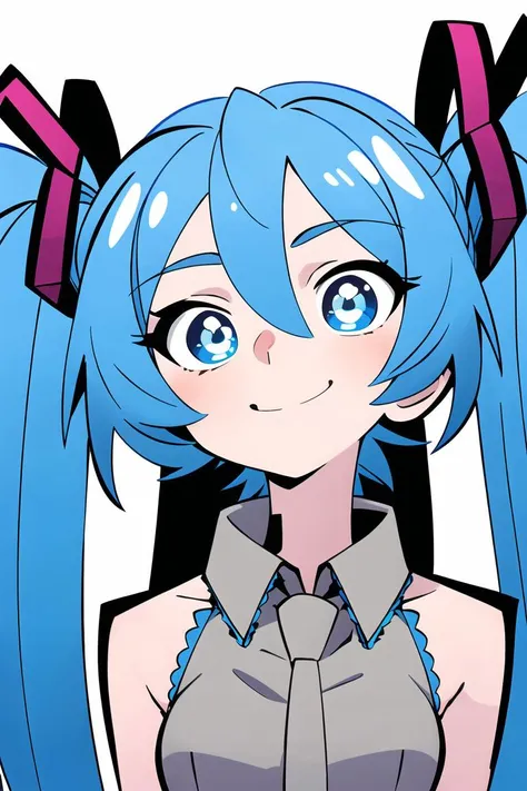 1girl, multicolored hair , blue eyes,smile, upper body, closeup , looking at viewer,
<lora:ThePinkPirate-22:1>, flat color, wide-eyed, hair ornament, blue hair, hatsune miku, twintails, symbol-shaped pupils,