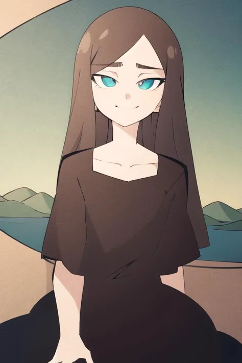 <lora:ThePinkPirate-22:1>, flat color,   wide-eyed,
1girl,solo, detailed eyes, perfect face, Seated pose, three-quarter view, slight turn towards viewer, distant landscape backdrop, rolling hills, hazy mountains, winding river. black hair, serene smile,delicate strands, (mona lisa:1.1),