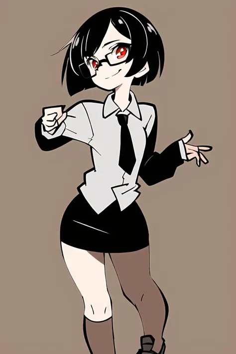 (best quality, masterpiece1.2), detailed,1girl, solo,looking at viewer,simple background,
dynamic pose,smile ,detailed eyes , full body, red eyes, dark hair , bob cut, office lady, mature male, necktie, glasses, miniskirt,
<lora:ThePinkPirate-22:1>, flat color, wide-eyed,