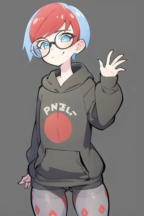 1girl,solo, detailed eyes, smile, perfect face, urban area , short hair, multicolored hair, glasses, red hair, blue hair,
<lora:ThePinkPirate-22:1>, flat color, wide-eyed, <lora:penny-10:0.7> Penny, Black Hoodie, Grey Pantyhose,