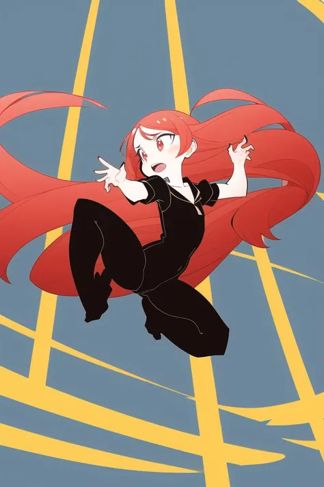 1girl, red hair, long hair, from below, jumping, dynamic pose,
<lora:ThePinkPirate-22:1>, flat color, wide-eyed,