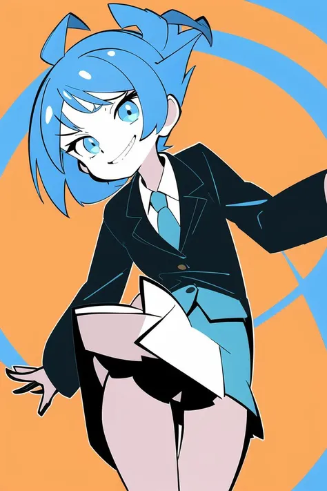1girl, blue hair, short hair, from below, jumping, dynamic pose, suit , miniskirt, smirk,
<lora:ThePinkPirate-22:0.9>, flat color, wide-eyed,