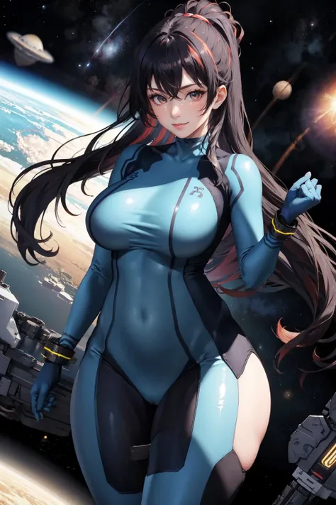masterpiece, best quality, quency \(nikke\), colored inner hair, zero suit, blue gloves, cowboy shot, looking at viewer, smile, thick thighs, space <lora:quency-nikke-richy-v1:0.9> <lora:zerosuit-nvwls-v1-final:1>