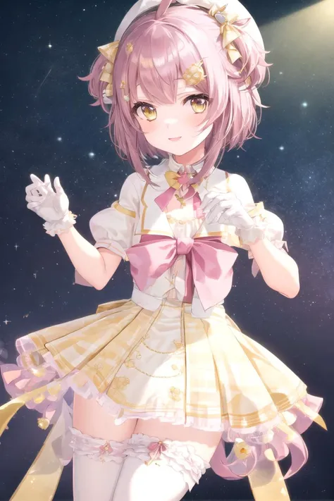 masterpiece, best quality, 1girl,
<lora:ace_taffy_3d_v7_2x-10:0.8> , ace_taffy_3d_v7_2x,white gloves, white thighhighs, yellow skirt, pink bowtie, looking at viewer,
on front,