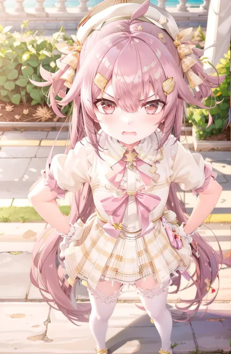 masterpiece, best quality, 1girl, <lora:ace_taffy_3d_v3-000010:1>,ace_taffy,outdoors, blurry background, full body, hands on hips, angry, blush, from above,