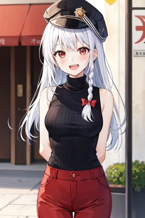 <lora:haruna_ba:1>haruna ba, 1girl, blush, outdoors, solo, red eyes, red pants, looking at viewer, white hair, long hair, sleeveless sweater, medium breasts, black headwear, hat, smile, open mouth, sleeveless, turtleneck, :d, white sweater, blurry background, braid ,arms behind back