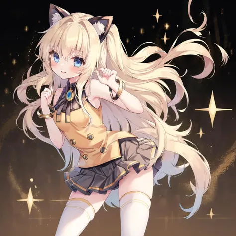 (best quality, masterpiece:1.1), girl, SeeU,  1girl, solo, long hair, blue eyes, blonde hair, cat ears, miniskirt, pleated skirt, white thighhighs, jewelry, zettai ryouiki, bracelet, bow, bare shoulders, headset, sleeveless, grey skirt, sleeveless shirt, Yellow shoes, yellow shirt, smile, blush,  <lora:Seeu_Vocaloid:1>