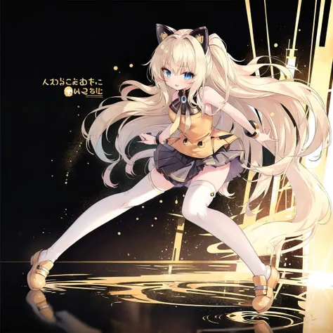 (best quality, masterpiece:1.1), girl, SeeU, 1girl, solo, long hair, blue eyes, blonde hair, cat ears, miniskirt, pleated skirt, white thighhighs, jewelry, zettai ryouiki, bracelet, bow, bare shoulders, headset, sleeveless, grey skirt, sleeveless shirt, Yellow shoes, yellow shirt <lora:Seeu_Vocaloid:1>