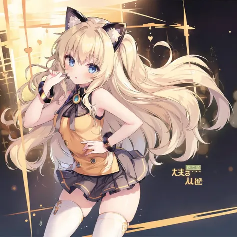 (best quality, masterpiece:1.1), girl, SeeU, 1girl, solo, long hair, blue eyes, blonde hair, cat ears, miniskirt, pleated skirt, white thighhighs, jewelry, zettai ryouiki, bracelet, bow, bare shoulders, headset, sleeveless, grey skirt, sleeveless shirt, Yellow shoes, yellow shirt, smile, blush, <lora:Seeu_Vocaloid:1>