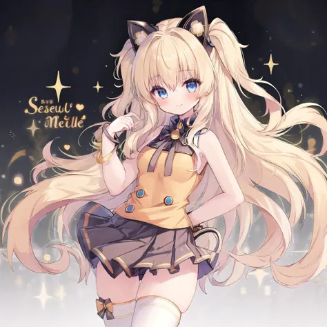 (best quality, masterpiece:1.1), girl, SeeU, 1girl, solo, long hair, blue eyes, blonde hair, cat ears, miniskirt, pleated skirt, white thighhighs, jewelry, zettai ryouiki, bracelet, bow, bare shoulders, headset, sleeveless, grey skirt, sleeveless shirt, Yellow shoes, yellow shirt, smile, blush, <lora:Seeu_Vocaloid:1>
