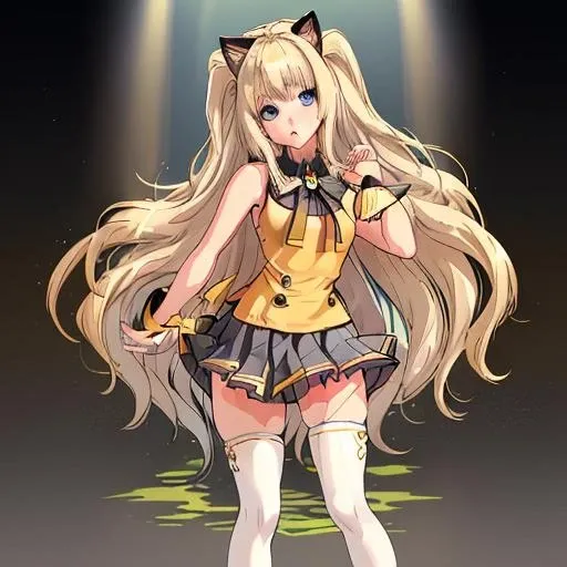 <lora:Seeu_Vocaloid-10:1>Masterpeace,best quality,1girl,solo,long hair,blue eyes,blonde hair,cat ears,miniskirt,pleated skirt,white thighhighs,jewelry,zettai ryouiki,bracelet,bow,bare shoulders,sleeveless,grey skirt,sleeveless shirt,Yellow shoes,yellow shirt