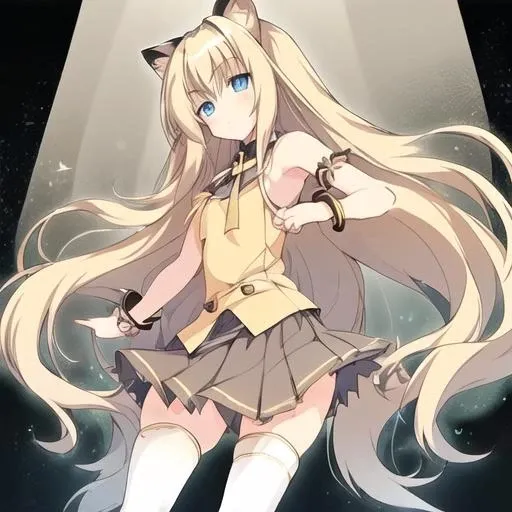 Blonde hair, Long hair with shawl and double long braids, anime illustrated, high qulity, JK sailor suit, Two-dimensional, Novel illustration, White suspender stockings, Beast-eared maiden, A princess, Stand upright, Full body photo, hyper HD, retinas, Masterpiece, ccurate, Anatomically correct, High details, Best quality, High quality, 8K,Long legs,cat ear,face expressionless,largeeyes,little mouth,high heelshuge