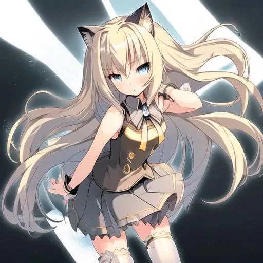 <lora:Seeu_Vocaloid-10:1>1girl,solo,long hair,blue eyes,blonde hair,cat ears,miniskirt,pleated skirt,white thighhighs,jewelry,zettai ryouiki,bracelet,bow,bare shoulders,headset,sleeveless,grey skirt,sleeveless shirt,Yellow shoes