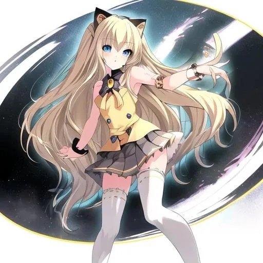 <lora:Seeu_Vocaloid-10:1>Masterpeace,best quality,1girl,solo,long hair,blue eyes,blonde hair,cat ears,miniskirt,pleated skirt,white thighhighs,jewelry,zettai ryouiki,bracelet,bow,bare shoulders,sleeveless,grey skirt,sleeveless shirt,Yellow shoes,yellow shirt
