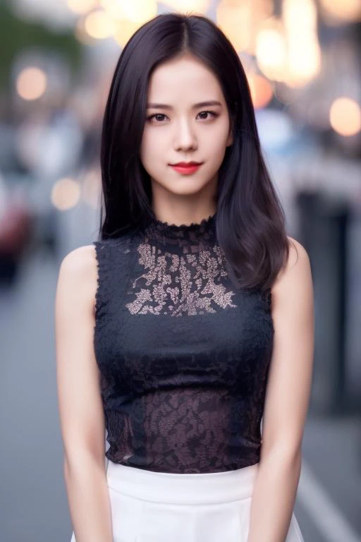 1girl,woman,complex 3d render ultra detailed, smile, portrait of beautiful woman, moody portrait, striking features, beauty, intricate details, dramatic composition, tension, contrast, texture, realism, high-quality rendering, stunning art, high quality, film grain, Fujifilm XT3,swirly bokeh,(realistic, photo-realistic:1.1),RAW photo,physically-based rendering,(looking at viewer:1.4),(8k, best quality, masterpiece:1.5),(full body shot:1.2),octane render,extremely detailed CG, unity 8k wallpaper,in street,urban,city,(studio soft light,sunlight:1.1),hyper realistic detail shiny skin,ultra detailed,(standing:1.1),(a girl is wearing sleeveless and miniskirt:1.5),(ultra realistic:1.1),(intricate:1.1),(photorealistic:1.3),1girl,(skinny:1.3),detailed background ,(large breasts:1.2), <lora:blackpinkJisooV1:1>,Jisoo