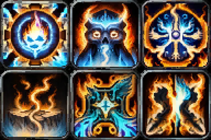 masterpiece, best quality, icon, spell, shaman, elemental, fire, water, wind, earth, totem <lora:IconSpellWow_Pixel:1>