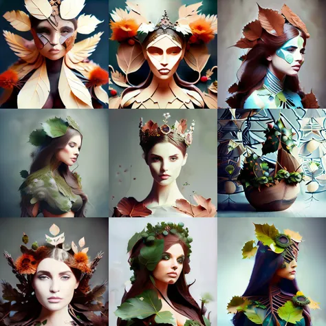 (naturitize:1.3) , beautiful young girl, wearing crown made of leaves and flowers