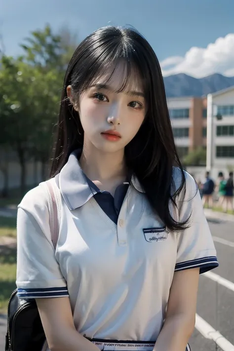 (realistic), (hyperrealism),best quality, masterpiece,ultra high res, (photorealistic:1.4),1girl,pale skin,skinny,(looking at viewer:2), outdoors,
school uniform