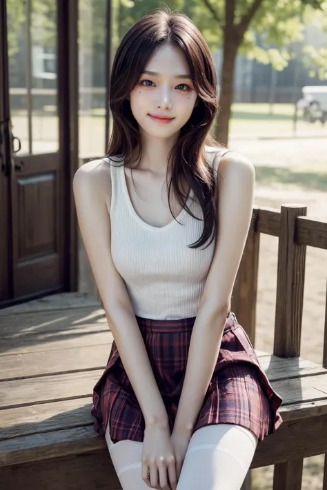 (realistic), (hyperrealism),best quality, masterpiece,ultra high res, (photorealistic:1.4),1girl,pale skin,skinny,(looking at viewer:2), <lora:add_detail:0.6>,outdoors,
<lora:makina69_yena_v1.0:1:FACES> ,
cowboy shot,smile,idol,medium breasts, tank top,v-neck, plaid skirt, (stocking),