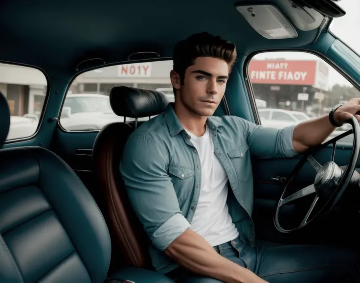 a relaxed zacefron sitting in drivers seat of a  1970s car, wearing a shirt and jeans(high detailed skin:1.2), 8k uhd, dslr, soft lighting, high quality, film grain, Fujifilm XT3