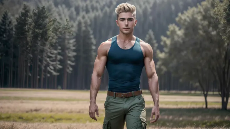 ZacEfron a man wearing a cargo pants, tank top, standing in a field  (high detailed skin:1.2), 8k uhd, dslr, soft lighting, high quality, film grain, Fujifilm XT3