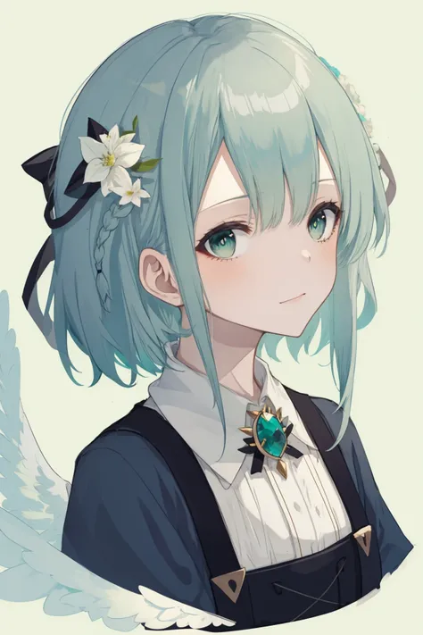 1girl, angel_wings, animal, aqua_background, bangs, blue_background, braid, brooch, feathered_wings, flower, green_background, green_eyes, green_theme, looking_at_viewer, mini_wings, portrait, rose, simple_background, solo, upper_body, white_flower, white_hair, white_wings, wings, <lora:Hitokomoru000S00:0.6>