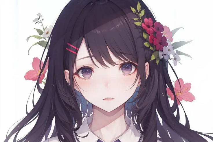 masterpiece,1 girl, bangs, flower, hair_flower, hair_ornament, long_hair, looking_at_viewer, parted_lips, shirt, <lora:Hitokomoru000S00:0.6>,portrait ,wallpaper,8k,rtx,(best quality, high quality, high resolution)