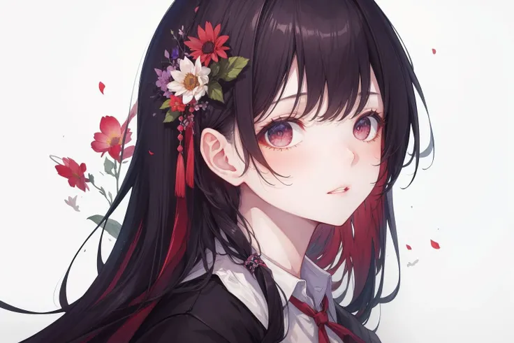 masterpiece,1 girl, bangs, flower, hair_flower, hair_ornament, long_hair, looking_at_viewer, parted_lips, shirt, <lora:Hitokomoru000S00:0.4>,portrait ,wallpaper,8k,rtx,(best quality, high quality, high resolution), <lora:add_detail:0.5>