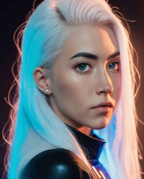 portrait photography of a girl with white hair,high detailed skin,dynamic pose,bokeh,realistic,hdr,hyperdetailed,cinematic,intricate details,neon light through hair,scifi background,
