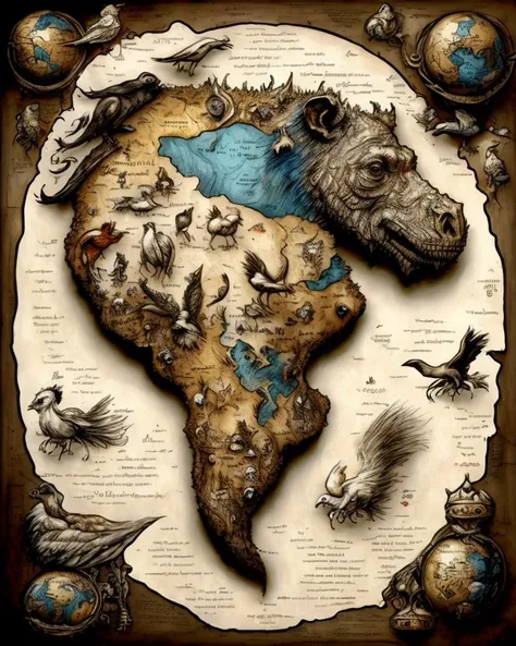Magic world map head and mane by ParchArt, white highlights, birds, rhinos, beasts, dragons