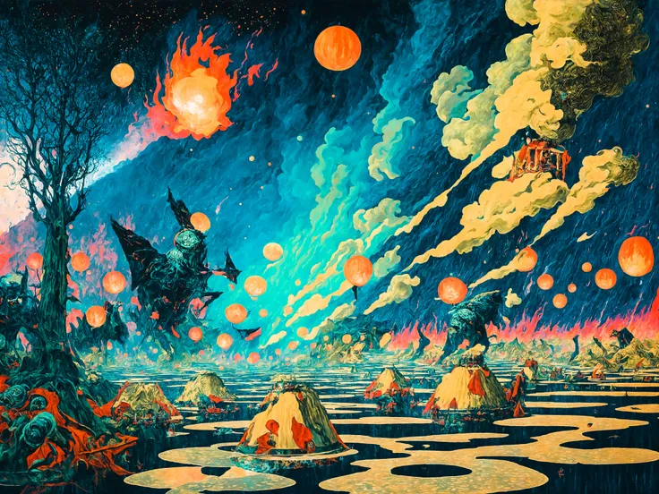ASCIIThe Hell of World War 1, 1916, Barrages,Periscopes, Swampy, Putrid air,Rattling breath,Screams, Grotesque,Enigmatic, Hysteria,Desolation,Dread, Unlit lantern, Tempera, Space, Afterimage and optical illusion colors, ultra detailed, intricate, surrealism