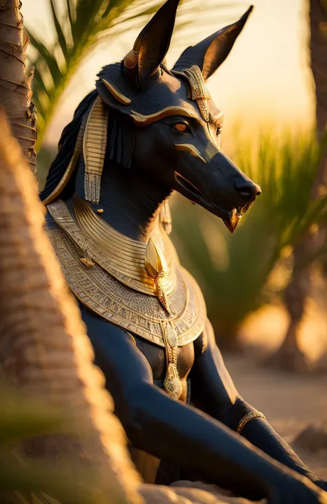 award winning portrait (photo) of the (god anubis), gold jewellery, (palm fronds), lush, egypt, (nile river), [egypt1temp] background, (backlighting), realistic, masterpiece, highest quality, lens flare, shade, bloom, [[chromatic aberration]], by Jeremy Lipking, by Antonio J. Manzanedo, shallow depth of field,[:Style-Hamunaptra_SD2:20]