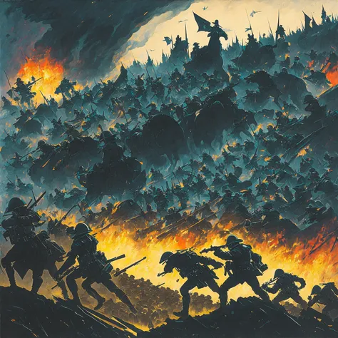 ASCIIThe Battle of Verdun, 1916, in a surrealist style, horror, scary, nightmarish, creatures, eerie, intricate, highly detailed, high contrast, strong shadows, ink, dry brush, oil on canvas