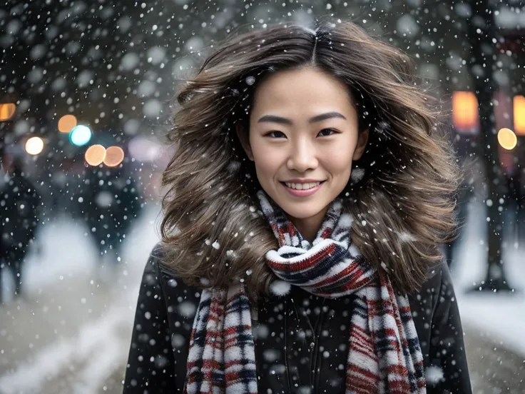 a beautiful and attractive gril walking on the street of Beijing, surround by people, portrait,night,winter,(((snowing:1.4))),(((snow on hair:1.4))),cold,forground, godess, long brown hair, pale skin, messy hair, natrual skin,skin texture,fair skin, looking at viewer, light smile, photo realistic, RAW phto, 8k, ultra detail, Photograph captured using a Canon 6D Mark II with an 16mm lens at f/ 11 and ISO 100 ::3 , award - winning photograph, sharp focus, soft lighting, natrual lighting,