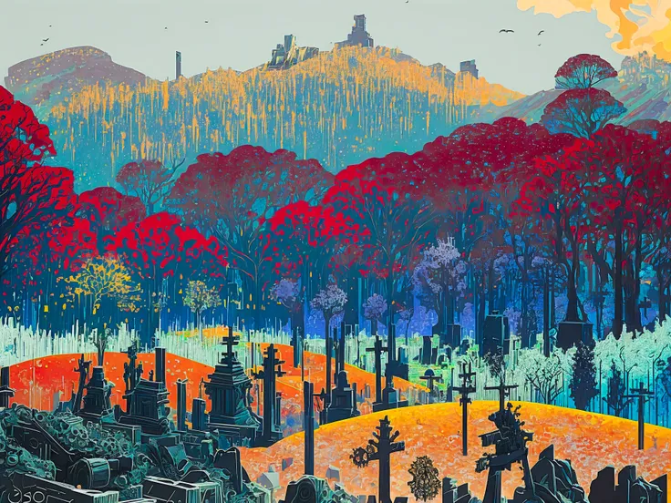 ASCIIThe Hell of World War 1, 1916, Machine guns,Cemeteries, Frozen, Rattling breath,Whistling shells, Aberrant, Shock,Mourning, Barren trees, Glaze, Negative Space, Vibrant colors, ultra detailed, intricate, surrealism