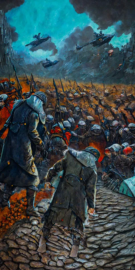 ASCIIThe Battle of Verdun, Rat-infested, Mud, Suffocating gas, Bleak,Nightmarish,Chaos, Madness, Cracked egg, Tempera, Asymmetry, Solarized, ultra detailed, intricate, surrealism