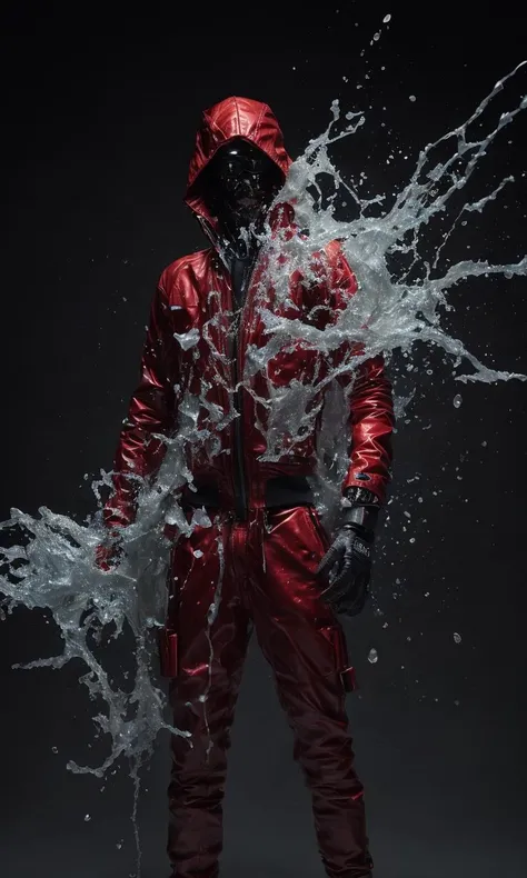 . . (surreal), (Spectacular), (intense), (dramatic), "Man dressed in a fitted, red, filigree-engraved leather suit breaking an explosive glass mirror in a massive water jet," nighttime, close-up spider's view, intense expression, water splashes, action-packed, dangerous, adventurous, high-stakes, intense, dramatic lighting, red lighting, vivid colors, dark background, shattered glass, sharp focus, intense contrast, intense mood, dark atmosphere, high-quality, photo-realistic, artistic, complex composition, impressive, eye-catching, attention-grabbing, masterfully crafted, art by Stanley Lau. photo realistic, ultra details, natural light, light background, photo, Studio lighting,