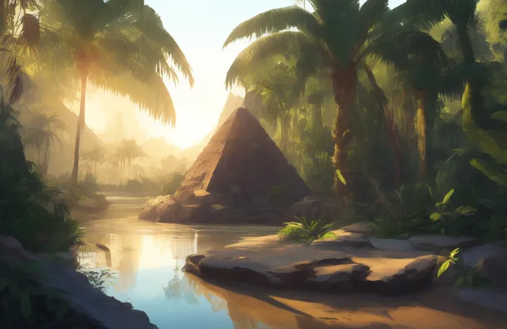 Style-Hamunaptra_SD2 epic mountain and river Nile background, award winning portrait photo, dense jungle in background, ((Egyptian Temple)), large jungle bush in foreground, sunny, jungle plants in background, (backlighting:1.2), bloom, (light sparkles:1.2), chromatic aberration, (lens flare:1.2), sharp focus,jungle plants in background, (backlighting:1.2), bloom, chromatic aberration, (lens flare:1.2), sharp focus, majestic oil painting by Ed Blinkey, Atey Ghailan, Studio Ghibli, by Jeremy Mann, Greg Manchess, Antonio Moro, trending on ArtStation, trending on CGSociety, Intricate, High Detail, Sharp focus, dramatic, photorealistic painting art by midjourney and greg rutkowski