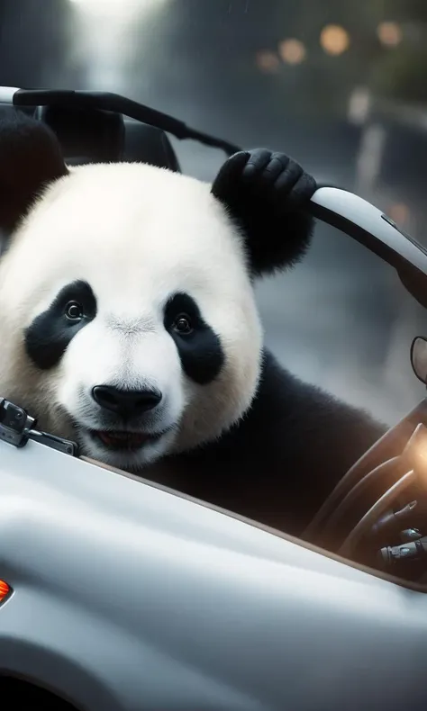 . photo realistic, ultra details, natural light panda riding moped, speeding past other cars, digital art, (photo, studio lighting, hard light, sony a7, 50 mm, hyperrealistic, big depth of field, concept art, colors, hyperdetailed, hyperrealistic) , ((moody lighting)), (fog), (ambient light)