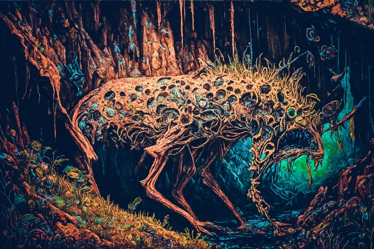 carnivorous creature lurking in a cavern,
amorphous, chaotic, organic textures, shadowy depths, horror,
dark, bones,
surreal, nightmarish,
oil on canvas, dry brushing, high contrast, shadows, intricate, highly detailed