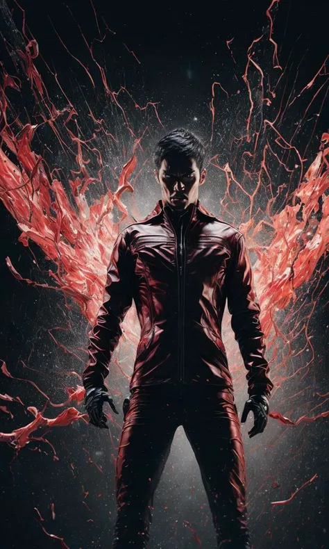 .photo realistic, ultra details, natural light (surreal), (Spectacular), (intense), (dramatic), "Man dressed in a fitted, red, filigree-engraved leather suit breaking an explosive glass mirror in a massive water jet," nighttime, close-up spider's view, intense expression, water splashes, action-packed, dangerous, adventurous, high-stakes, intense, dramatic lighting, red lighting, vivid colors, dark background, shattered glass, sharp focus, intense contrast, intense mood, dark atmosphere, high-quality, photo-realistic, artistic, complex composition, impressive, eye-catching, attention-grabbing, masterfully crafted, art by Stanley Lau.