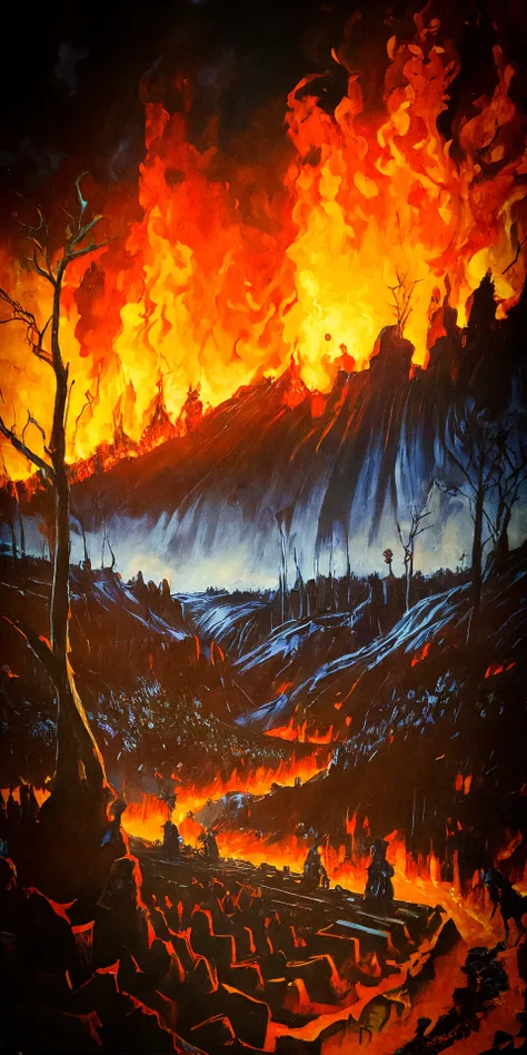 ASCIIThe Fiery Inferno of The Batlle of Verdun, First World War,
nightmarish horror, forest fires, no man's land, craters, death,
glazing, dry brushing, oil on canvas,
surrealism