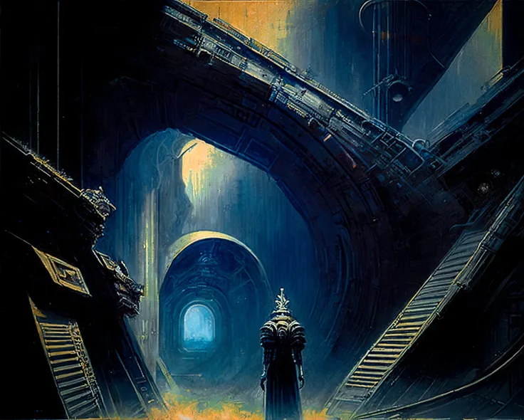 <lora:JohnBerkey:0.6> by John Berkey, a scavenger is lost inside a derelict space station, claustrophobia, corridor, horror, dark, intricate, highly detailed, ZdzisBaw BeksiDski, H.R. Giger