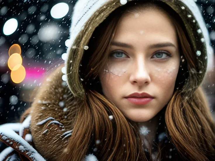 a beautiful and attractive Russian girl walking on the street, surround by people, portrait,night,winter,((((snowing,windy:1.4)))),cold,forground, godess, Wool cap,colored inner hair,upper body,long eyelashes,round eyes,double eyelid,pointed face,long brown hair, pale skin, messy hair, natrual skin,skin texture,fair skin, (looking at viewer:1.4), photo realistic, RAW phto, 20k, ultra detail, Photograph captured using a Canon 6D Mark II with an 35mm lens at f/ 2 and ISO 1000 ::3 , award - winning photograph, sharp focus, soft lighting, natrual lighting,