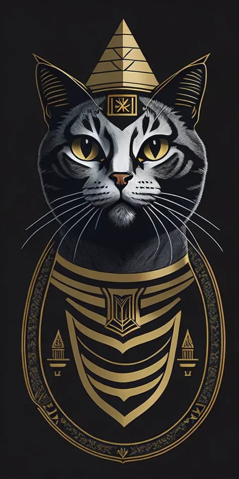 front portrait of egypt cat with heraldic symbols, dark background