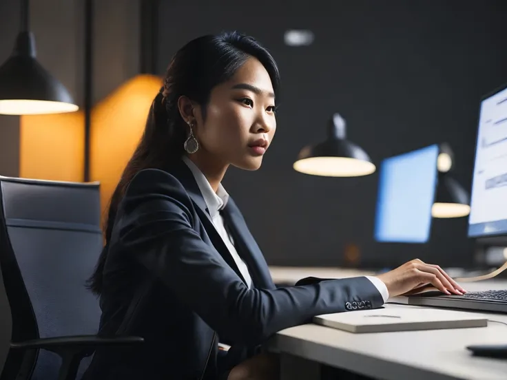 a woman sitting at a desk working on a computer, trending on shutterstock, beautiful asian woman sitting, engineering bay, it's late at night, photo taken in 2020, angled, accurate image, tithi luadthong, professional profile picture, computer screens, lowres, very accurate coherent image, early morning, indoor shot, fun pose,(8k, RAW photo, best quality, masterpiece:1.2), ulra high res, photorealistic:1.4),Cinematic Light,(soft volumetric lighting:1.2), (realistic, photo-realistic:1.37), detailed skin,professional lighting,Photography, Sharp focus, detailed ,professional lighting, photon mapping, detailed and intricate environment,highly detailed,best quality,8k artistic photography, photorealistic concept art, soft natural volumetric cinematic perfect light,MIDJOURNEY,3DMDT
