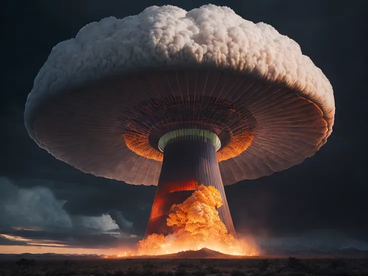 a large mushroom cloud is in the sky, portrait of ultra realistic, apocalyptic color palette, portrait, charge explosives, photo realistic, dramatic lighting, award winning photo, vray, (( bomb, utah, atom, mushroom)),(8k, RAW photo, best quality, masterpiece:1.2), ulra high res, photorealistic:1.4),Cinematic Light,(soft volumetric lighting:1.2), (realistic, photo-realistic:1.37), detailed skin,professional lighting,Photography, Sharp focus, detailed ,professional lighting, photon mapping, detailed and intricate environment,highly detailed,best quality,8k artistic photography, photorealistic concept art, soft natural volumetric cinematic perfect light,MIDJOURNEY,3DMDT