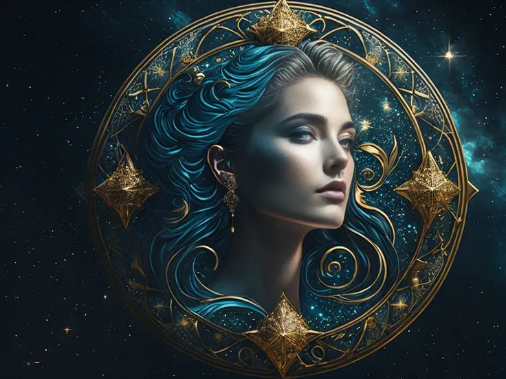 the zodiac sign vi with a woman's face surrounded by stars, beautiful detailed intricate, fantasy art style, seven stars in right hand, cyan and gold scheme, sculpture of persephone, avatar image, dark vignette, venus, louis xiv, foto, full profile, centered elven, emblem,(8k, RAW photo, best quality, masterpiece:1.2), ulra high res, photorealistic:1.4),Cinematic Light,(soft volumetric lighting:1.2), (realistic, photo-realistic:1.37), detailed skin,professional lighting,Photography, Sharp focus, detailed ,professional lighting, photon mapping, detailed and intricate environment,highly detailed,best quality,8k artistic photography, photorealistic concept art, soft natural volumetric cinematic perfect light,MIDJOURNEY,3DMDT